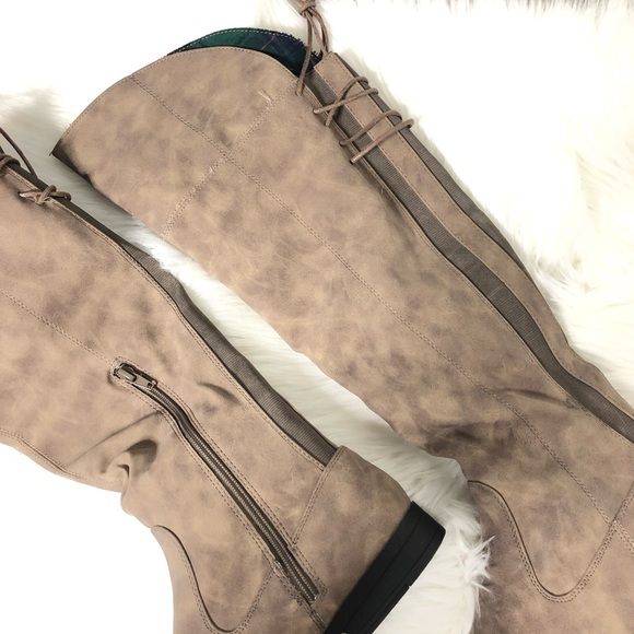 Suede Knee Length Taupe/Tartan Boots - Picture 3 of 4